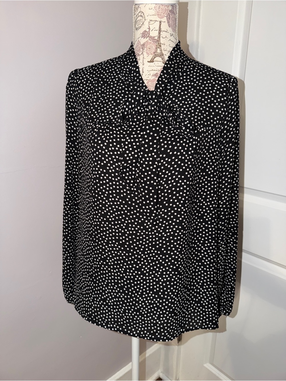 DKNY Black and White Polka Dot Tie-Neck Blouse